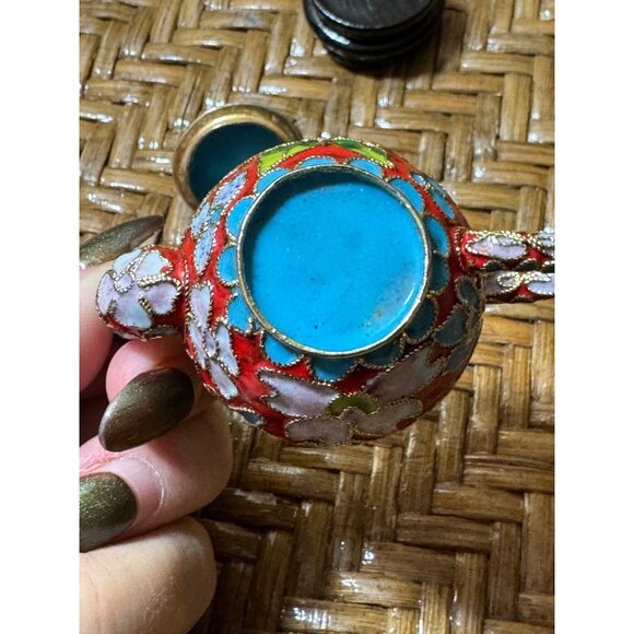 Miniature Cloisonné Enamel Teapot With Stand  Floral Design  Blue Interi… - Picture 7 of 11